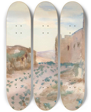 Triptych art skateboard deck of John Singer Sargent Fortress Road And Rocks by John Singer Sargent (1856-1925)