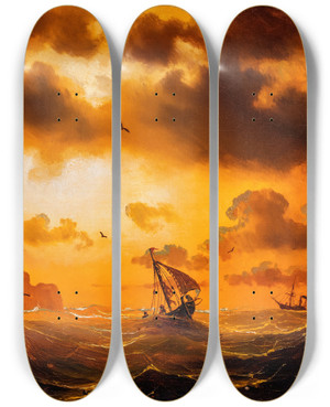 Triptych art skateboard deck of Marcus Larson Sunset At Sea by Marcus Larson (1825-1864)