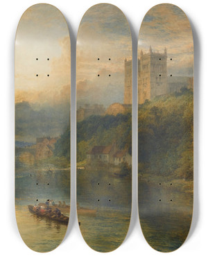 Triptych art skateboard deck of Henry Dawson Durham Cathedral From The River by Henry Dawson (1811-1878)