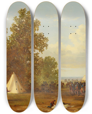 Triptych art skateboard deck of Xanthus Russell Smith Study For Encampment Ofcolonelrushs Cavalry Lancers by Xanthus Russell Smith (1839-1929)