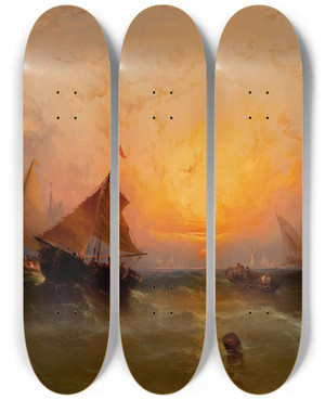 Triptych art skateboard deck of Edward Moran Ships At Sunset New York Harbor Sunset by Edward Moran (1829-1901)