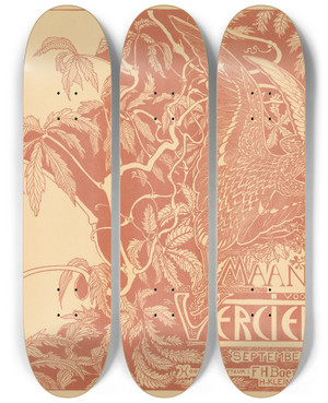 Triptych art skateboard deck of Theo Van Hoytema Tijdschriftomslag Met Twee Wulpen by Theo Van Hoytema (1863-1917)