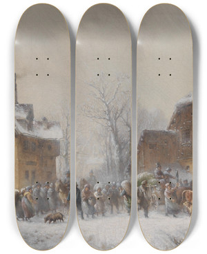 Triptych art skateboard deck of Anton Doll Reges Treiben In Einem Winterlich Verschneiten Dorf by Anton Doll (1826-1887)