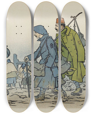 Triptych art skateboard deck of Adrien Barrre Groupe De Soldats En Marche by Adrien Barrere (1874-1931)