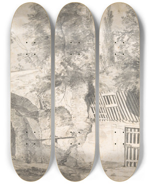 Triptych art skateboard deck of Thomas Wijck Courtyard Of A Farmhouse by Thomas Wijck (1616-1677)