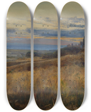 Triptych art skateboard deck of John William Inchbold Cornfield At Sunset by John William Inchbold (1830-1888)