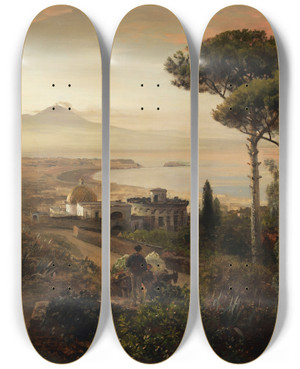 Triptych art skateboard deck of Oswald Achenbach Blick Auf Den Vesuv by Oswald Achenbach (1827-1905)