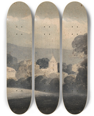 Triptych art skateboard deck of William Pearson Landscape With A Church Among Trees by William Pearson (1772-1849)