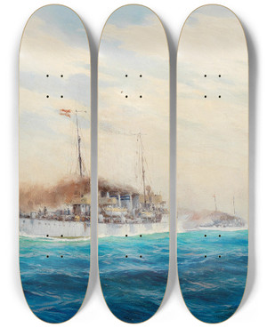 Triptych art skateboard deck of August Von Ramberg Bombardment Of Palagrua In 1915 by August Von Ramberg (1866-1947)