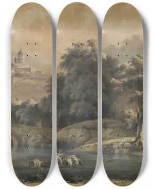 Triptych art skateboard deck of Jeanjacques De Boissieu Flulandschaft Mit Bergkloster by Jean-Jacques de Boissieu (1736-1810)