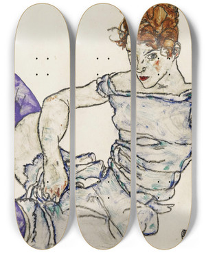 Triptych art skateboard deck of Egon Schiele Sitzende Frau Mit Violetten Strmpfen Seated Woman In Violet Stockings by Egon Schiele (1890-1918)