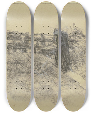 Triptych art skateboard deck of Max Liebermann Woman With A Bundle Of Brushwood by Max Liebermann (1847-1935)