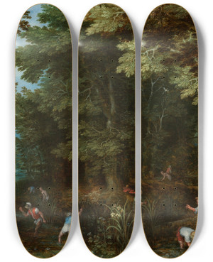Triptych art skateboard deck of Jan Brueghel The Elder Latona And The Lycian Peasants by Jan Brueghel The Elder (1568-1625)