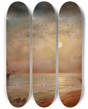 Triptych art skateboard deck of Grigori Ivanovitch Kapustin Moonlit Night Over A Coastal Landscape by Grigori Ivanovitch Kapustin (1865-1925)