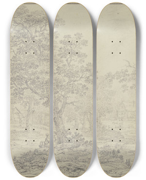 Triptych art skateboard deck of Bernhard Gottfried Manskirch Bauernhof In Einem Eichenwald Im Vordergrund Ein Rastendes Paar Mit Einem Knaben by Bernhard Gottfried Manskirch