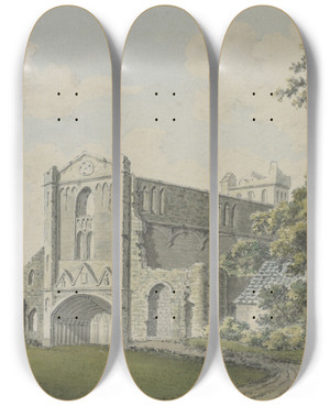 Triptych art skateboard deck of Thomas Hearne Melrose Abbey by Thomas Hearne (1744-1817)