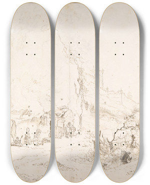 Triptych art skateboard deck of Willem Schellinks View Of Saumur by Willem Schellinks (1623-1678)