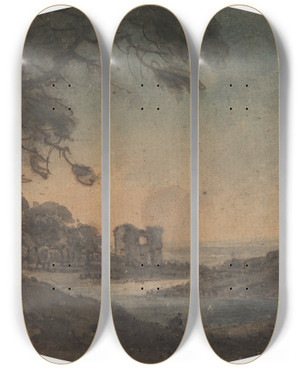Triptych art skateboard deck of William Gilpin Landscape With Two Men And A Castle Ruin On The Riverbank by William Gilpin (1724-1804)