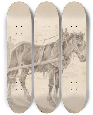 Triptych art skateboard deck of Johann Adam Klein A Cart Drawn By A Brown Horse Near A Lamp Pole by Johann Adam Klein (1792-1875)