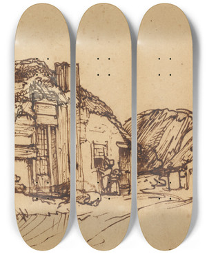 Triptych art skateboard deck of Rembrandt Van Rijn Two Thatched Cottages With Figures At A Window by Rembrandt Van Rijn (1606-1669)