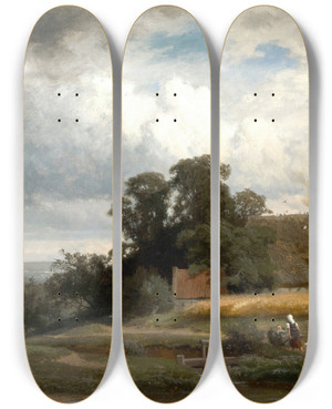 Triptych art skateboard deck of Paul Weber Sommerlandschaft Mit Bauernhaus Und Mhle by Paul Weber (1823-1916)