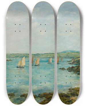 Triptych art skateboard deck of Eugne Boudin Rivage Douarnenez Bateaux De Pche Dans La Baie by Eugene Boudin (1824-1898)