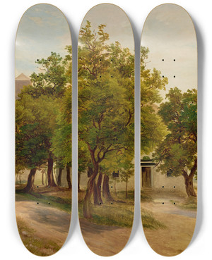 Triptych art skateboard deck of Friedrich Loos Baumgruppe Auf Dem Kahlenberg Mit Blick Auf Wien by Friedrich Loos (1797-1890)