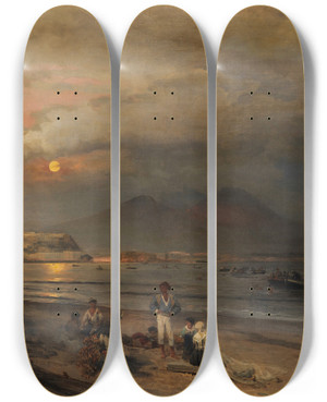 Triptych art skateboard deck of Oswald Achenbach Golf Von Neapel by Oswald Achenbach (1827-1905)