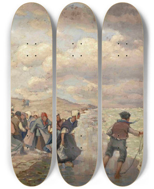 Triptych art skateboard deck of Viktor Zarubin Fishermens Wifes by Viktor Zarubin (1866-1928)