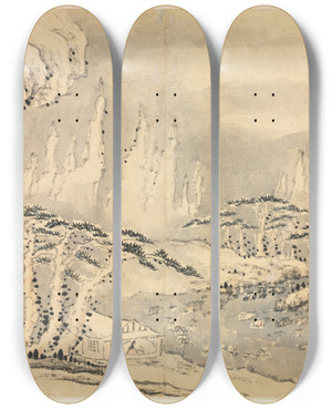 Triptych art skateboard deck of Mei Qing Landscapes In Various Styles After Old Masters 10 by Mei Qing (1623-1697)