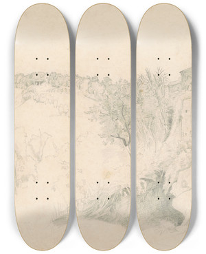 Triptych art skateboard deck of Worthington Whittredge Hillside With Houses And Figures by Worthington Whittredge (1820-1910)