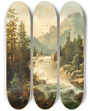 Triptych art skateboard deck of Josef Thoma A Mountain Landscape With A Rushing Torrent by Josef Thoma (1828-1899)