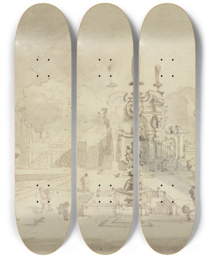 Triptych art skateboard deck of Johann Wilhelm Baur Wasserspiele Zu Frascati by Johann Wilhelm Baur (1607-1640)