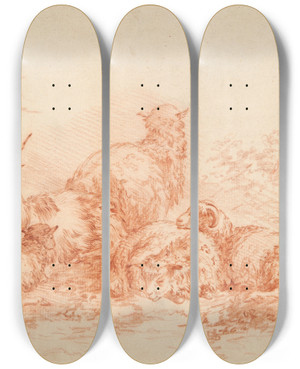 Triptych art skateboard deck of Simon Van Der Does Sheep And Goatresting by Simon van der Does (1653-1717)