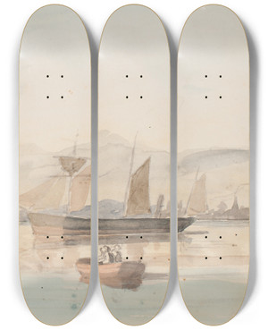 Triptych art skateboard deck of Bror Jacob Adelborg Hamnmotiv Med Ngare Segelfartyg Och Roddb by Bror Jacob Adelborg (1816-1865)