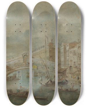 Triptych art skateboard deck of Francesco Guardi View Of The Rialto Bridge Venice by Francesco Guardi (1712-1793) Triptych art skateboard deck of Francesco Guardi View Of The Rialto Bridge Venice by Francesco Guardi (1712-1793)