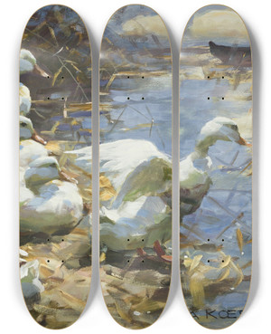 Triptych art skateboard deck of Alexander Koester Sieben Enten Am Ufer by Alexander Koester (1864-1932)