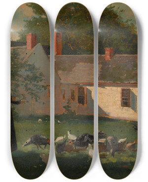 Triptych art skateboard deck of Winslow Homer Farmyard Scene by Winslow Homer (1836-1910)