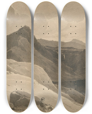 Triptych art skateboard deck of John Renton A Mountain Landscape With A Shepherd by John Renton