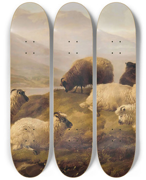 Triptych art skateboard deck of Thomas Sidney Cooper Sheep Resting In A Highland Landscape by Thomas Sidney Cooper (1803-1902)
