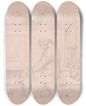 Triptych art skateboard deck of Paul Delaroche Mourners At A Tomb by Paul Delaroche (1797-1856)