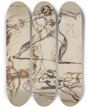 Triptych art skateboard deck of Thodore Gricault Sheet Of Sketches Recto by Theodore Gericault (1791-1824)