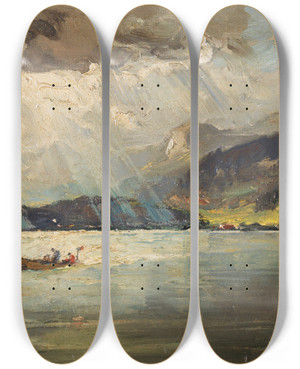 Triptych art skateboard deck of Joseph Wopfner Am Wrthersee by Joseph Wopfner (1843-1927)
