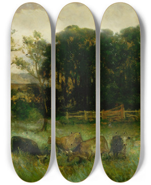 Triptych art skateboard deck of Edward Mitchell Bannister Untitled Five Cows In Pasture by Edward Mitchell Bannister (1828-1901)