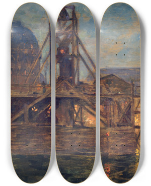 Triptych art skateboard deck of Victor Marec Les Travaux Du Mtropolitain Au Pont Saintmichel by Victor Marec (1862-1920)