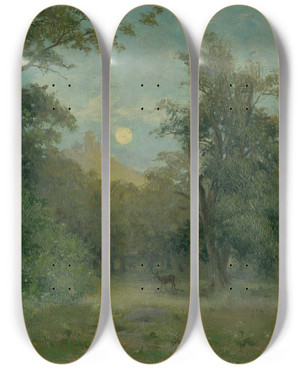 Triptych art skateboard deck of Udovt Ordk Moonlit Landscape With Hrad Slanec by udovt ordk (1865-1937)