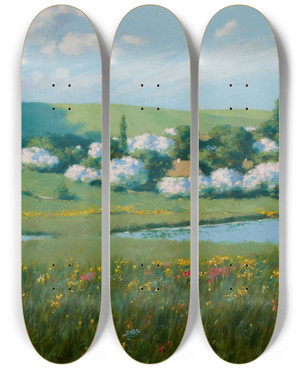 Triptych art skateboard deck of Stanisaw Witkiewicz Spring Landscape With A Pond by Stanislaw Witkiewicz (1851-1915)
