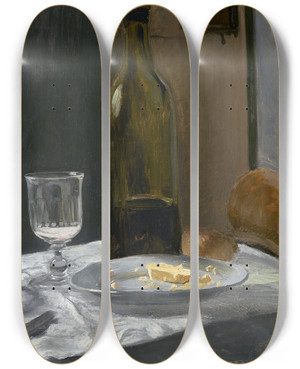 Triptych art skateboard deck of Claude Monet Still Life With Bottlecarafe Bread And Wine by Claude Monet (1840-1926)