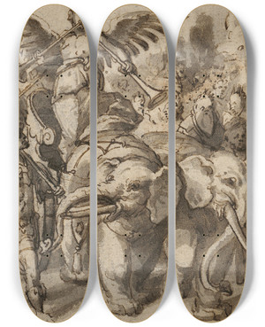 Triptych art skateboard deck of Christoph Murer Triumph Of Fame by Christoph Murer (1558-1614)