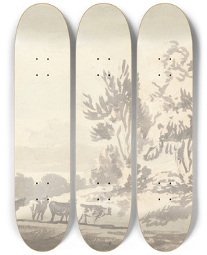 Triptych art skateboard deck of Anthony Devis Herdsman Driving Cattle by Anthony Devis (1729-1816)